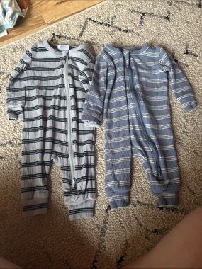 Petit Lem Striped Footie Set - Gray & Blue